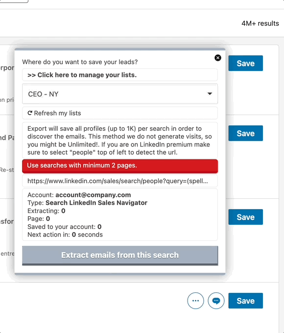 Targeted B2B email extraction interface